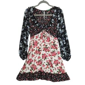 Benneton Ruffle Cottagecore Dress S Black Cream Red Floral Coquette Fairy Whimsy